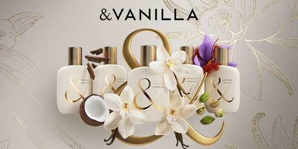 Five & VANILLA perfume bottles, gold ampersand logo, surrounded by vanilla, coconut, cinnamon, pistachio, saffron.