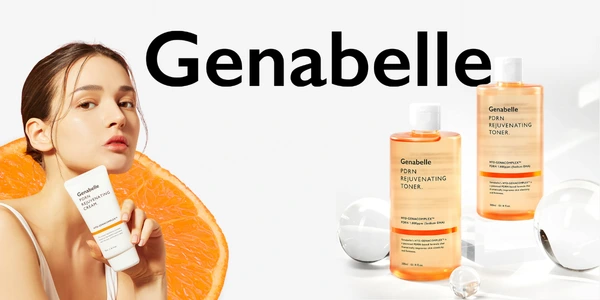 Genabelle PDRN Rejuvenating Cream (biała tubka) i Tonery (pomarańczowy płyn). Kobieta z kremem i butelki na białym tle.