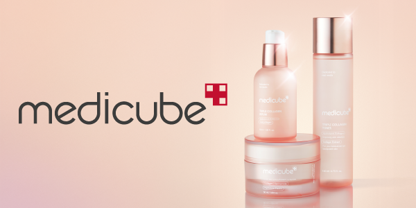 Medicube logo with Triple Collagen skincare set: pink serum, toner, cream, on a soft peach background.
