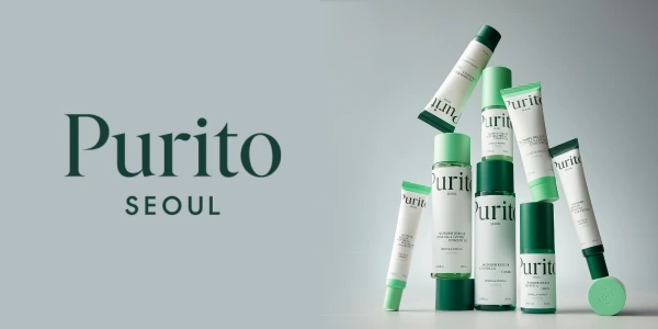 Purito Seoul logo on a pale green background, next to a dynamic display of various Purito green skincare bottles and tubes.