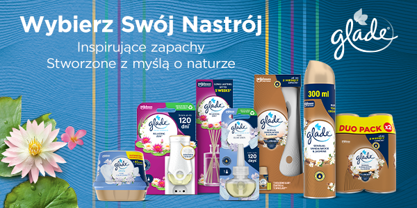 Glade: kolekcja odświeżaczy powietrza (dyfuzory, spray) o zapachach Sensual Sandalwood & Jasmine, Relaksacyjny. Niebieskie tło, kwiaty.