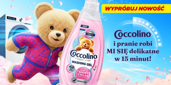 Butelka Coccolino Wonder Wash Washing Gel z biegnącym misiem i pralką w tle. Napis: "WYPRÓBUJ NOWOŚĆ".