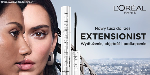 Srebrny tusz L'Oréal Telescopic Extensionist na tle twarzy modelek, obok długa szczoteczka do rzęs.