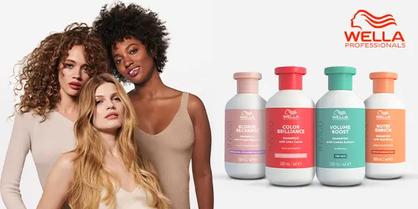 Four Wella Invigo shampoos: pink Blonde Recharge, red Color Brilliance, teal Volume Boost, orange Nutri-Enrich bottles, with three models.