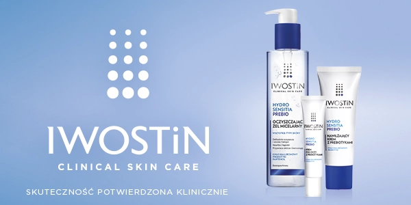 Iwostin Hydro Sensitia Prebio: micelarny żel do mycia twarzy i krem nawilżający w tubkach, białe opakowania na błękitnym tle.