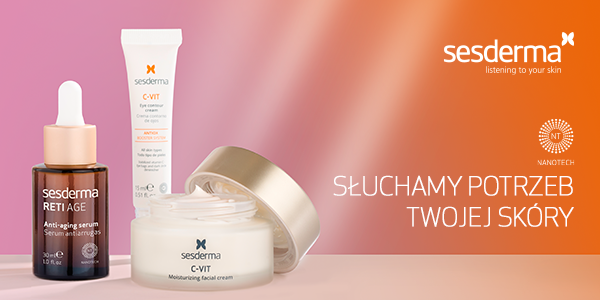 Zestaw kosmetyków Sesderma: serum Reti Age, krem pod oczy C-VIT i krem nawilżający C-VIT, na różowo-pomarańczowym tle.