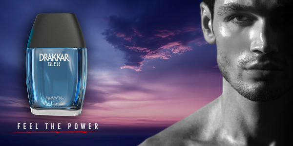 Drakkar Bleu Eau de Parfum, blue glass bottle with black cap, on a purple sunset sky with a man's face.