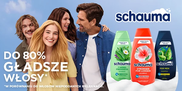 Szampony Schauma: 7 Herbs, Stronger, For Men, na tle uśmiechniętych osób. Obietnica 80% gładszych włosów.