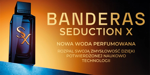 Banderas Seduction X woda perfumowana. Ciemnoniebieski, prostokątny flakon ze złotym logo SX na tle gradientowym.