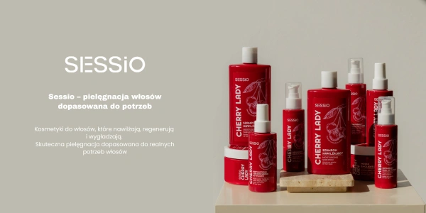 Sessio Cherry Lady: Kolekcja czerwonych kosmetyków do włosów nawilżających (szampony, odżywki, spraye, kremy). Białe nakrętki.