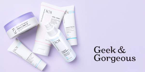 Geek & Gorgeous skincare: Mighty Melt balm, Jelly Joker cleanser, Liquid Hydration spray, and other products on lavender.