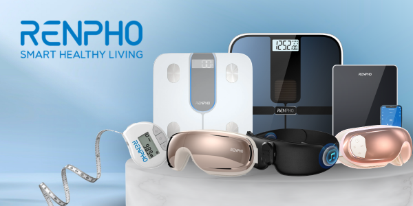RENPHO smart healthy living products: white and black scales, digital measuring tape, eye massagers.