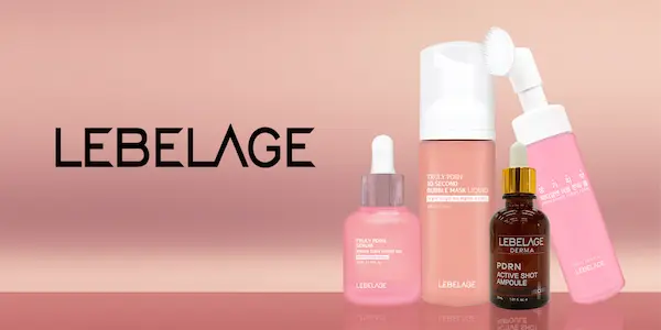 LEBELAGE skincare set: pink pore serum, bubble mask, PDRN ampoule, and foaming cleanser bottles on a pink background.