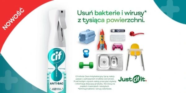 Cif Infinite Clean Anti-Bac spray w białej butelce. Wokół ikony przedmiotów do dezynfekcji, np. zlewu i zabawki.