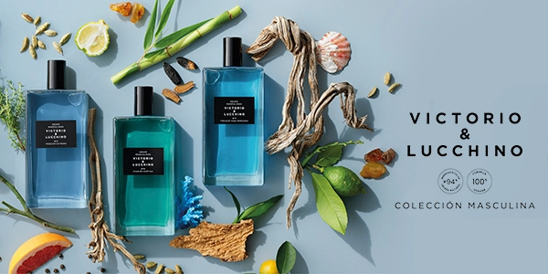 Victorio & Lucchino men's fragrances: three blue/green rectangular bottles with citrus, wood, and spices on light blue.