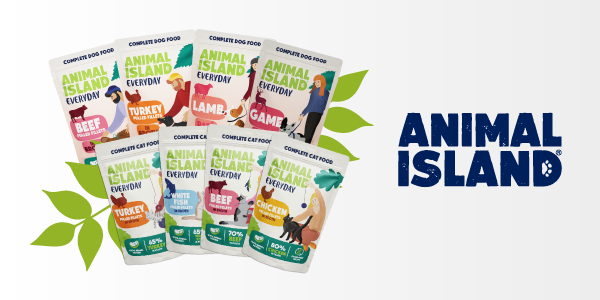 Animal Island Everyday complete pet food pouches (dog, cat) in various flavors, with the brand logo.