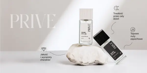 Dwa perfumy PRIVE MADE IN LAB (biała i czarna etykieta) na skale, akcentujące trwałość i jakość.