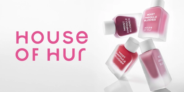 House of Hur Moist Ampoule Blusher: four frosted bottles in pink and berry shades, dynamic layout, white background.