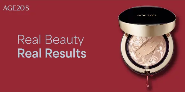 AGE20's cushion foundation, open compact with marbled surface, foundation swipe, and 'Real Beauty Real Results' text.