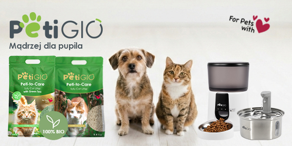PetiGIO pet products: 100% BIO tofu cat litter, automatic feeder, water fountain with dog and cat.