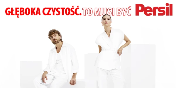 Reklama Persil: dwójka modeli w śnieżnobiałych ubraniach na białym tle, z hasłem 'Głęboka czystość'.