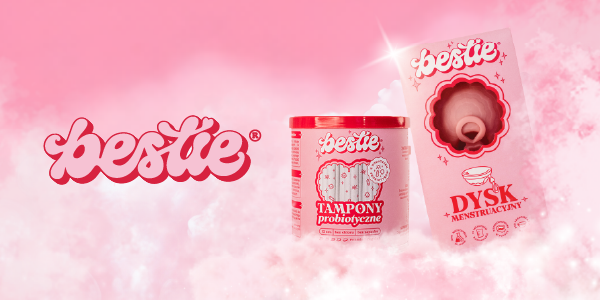 Bestie: probiotyczne tampony w różowym opakowaniu i różowy dysk menstruacyjny, widok z przodu.