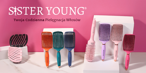 SISTER YOUNG: zestaw kolorowych, wentylowanych szczotek do włosów, w tym detangling i okrągłe, na różowo-białym tle.