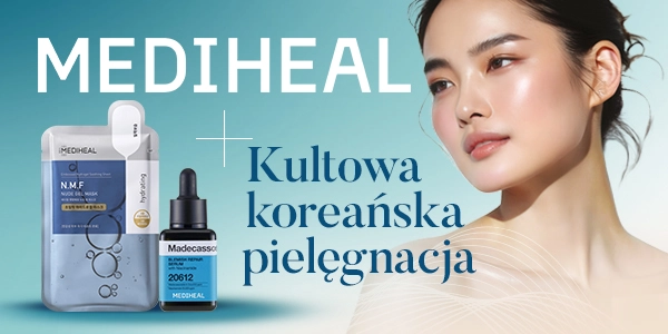 Mediheal: nawilżająca maska N.M.F i serum Madecassol. Kultowa koreańska pielęgnacja, obok kobieta.