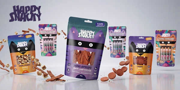 Happy Snacky cat treats: front view of colorful packs like Mini Strips, Sushi, Chips, with treats scattered.