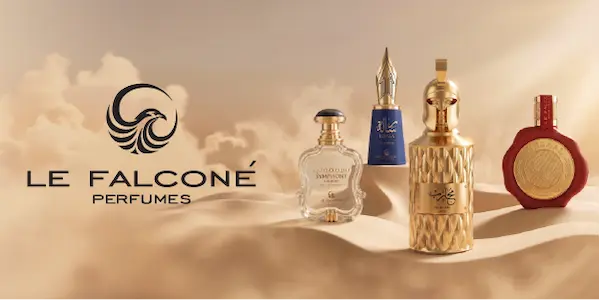 Le Falcone Perfumes: four luxurious bottles – clear OUD SYMPHONY, blue, gold helmet, red wax seal – on desert dunes.