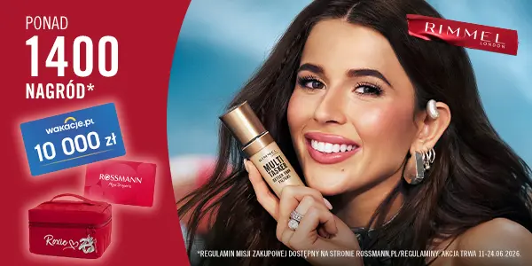 Uśmiechnięta kobieta z makijażem prezentuje podkład Rimmel Multi-Tasker Better Than Filters. Kampania promocyjna Rossmann.