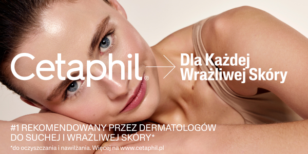 Cetaphil: Kobieta z promienną cerą, oparta, tekst 'Dla Każdej Wrażliwej Skóry' i rekomendacja dermatologów.