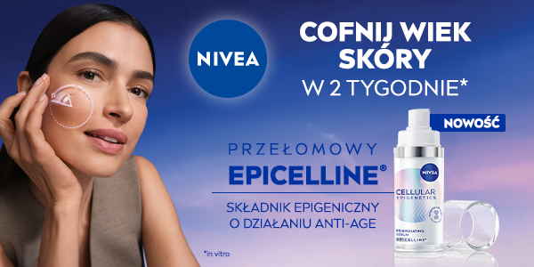 Nowe serum Nivea Cellular Epigenetics z Epicelline. Kobieta z gładką cerą i butelka z pompką.
