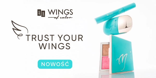 Reklama Wings of Color: turkusowa maskara, podkład i paleta z różem i cieniami. Napis: NOWOŚĆ, TRUST YOUR WINGS.