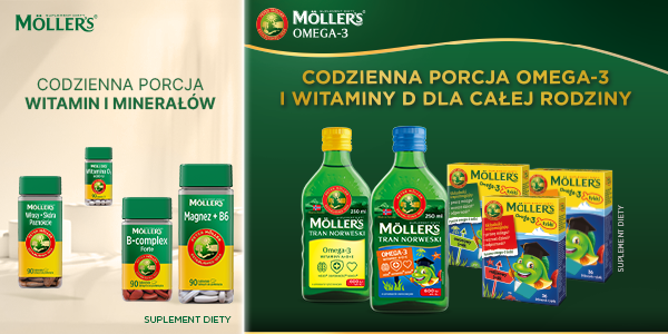 Möllers supplement ad: vitamins, minerals in jars/bottles, and Omega-3 cod liver oil bottles with kids' fish jellies.