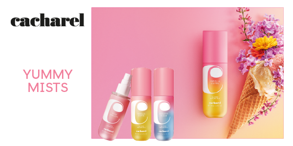 Cacharel Yummy Mists: cztery butelki perfumowanych mgiełek w pastelach, na tle rożka lodowego z kwiatami.