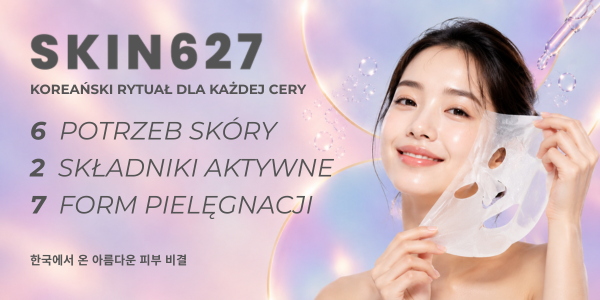 Młoda kobieta z rozświetloną cerą trzyma maskę w płachcie SKIN627. Tło z kroplami i hasła o pielęgnacji.