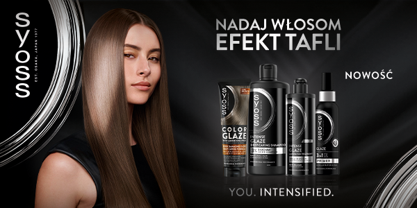 Syoss Intense Glaze: czarne butelki i tuby do włosów, modelka z lśniącymi, gładkimi włosami. Zapewnia efekt tafli. Nowość.