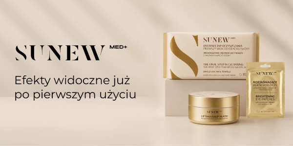 Zestaw Sunew Med+: chusteczki do demakijażu, liftingujące płatki w złotym słoiczku i rozjaśniające płatki pod oczy.