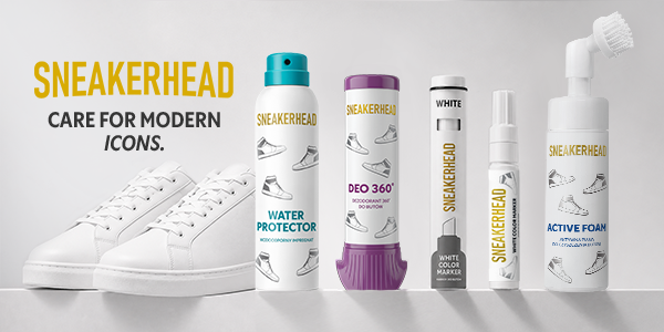 Sneakerhead: Care for Modern Icons. White sneakers displayed with brand's shoe care products.