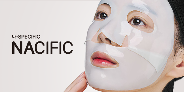 Woman with a glossy NACIFIC sheet mask on her face, gently touching her chin. Text: 'L+SPECIFIC NACIFIC'.
