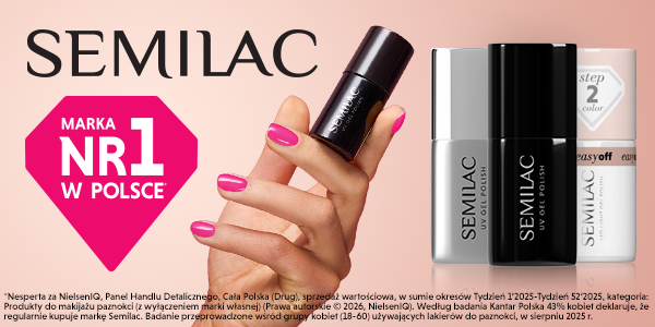 Semilac UV Gel Polish: dłoń z różowymi paznokciami trzyma czarny lakier, obok 3 inne butelki, badge 'Marka nr 1 w Polsce'.
