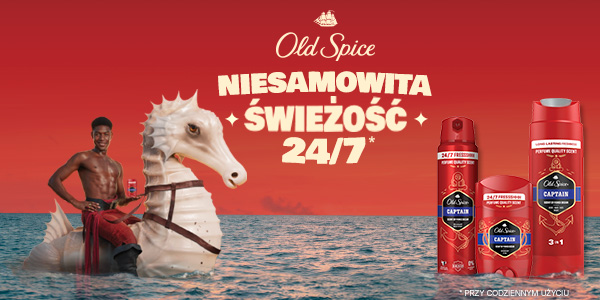 Old Spice Captain: man on giant seahorse in sea, red products (spray, stick, 3-in-1), text "Niesamowita Świeżość 24/7".