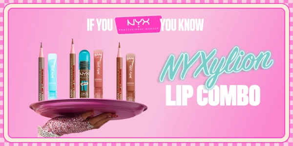 NYX Professional Makeup lip combo: six products (pencils, Jelly Job gloss, Lift & Snatch) on a pink platter.
