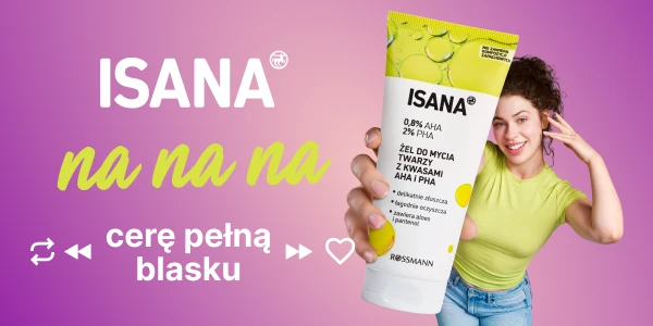 Smiling woman presenting ISANA face wash gel with AHA and PHA acids for glowing skin, in a green tube on purple background.