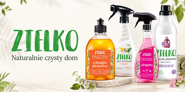 ZIELKO: reklama z 4 naturalnymi płynami do czyszczenia domu: naczyń, łazienki, prysznica i płukania, na tle roślin.