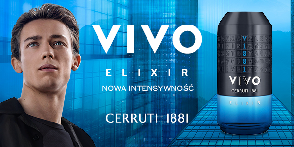 VIVO ELIXIR Cerruti 1881: granatowo-niebieski flakon perfum, mężczyzna, tło błękitnych wieżowców.