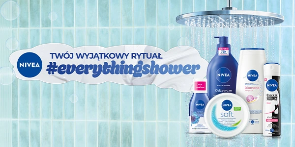Nivea body care: lotions, cream, gels, deodorant under shower head, on blue tiles, with 'Your Unique Ritual #everythingshower' text.