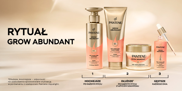 Zestaw Pantene Grow Abundant: 4 produkty do włosów – szampon, odżywka, maska, serum – w złoto-różowych opakowaniach.