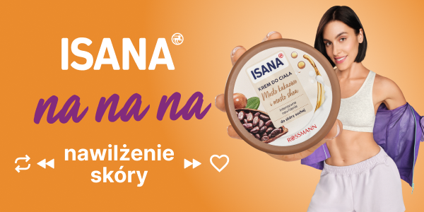 Isana krem do ciała kakao i shea w brązowym słoiku, w dłoni kobiety. Na pomarańczowym tle 'nawilżenie skóry'.